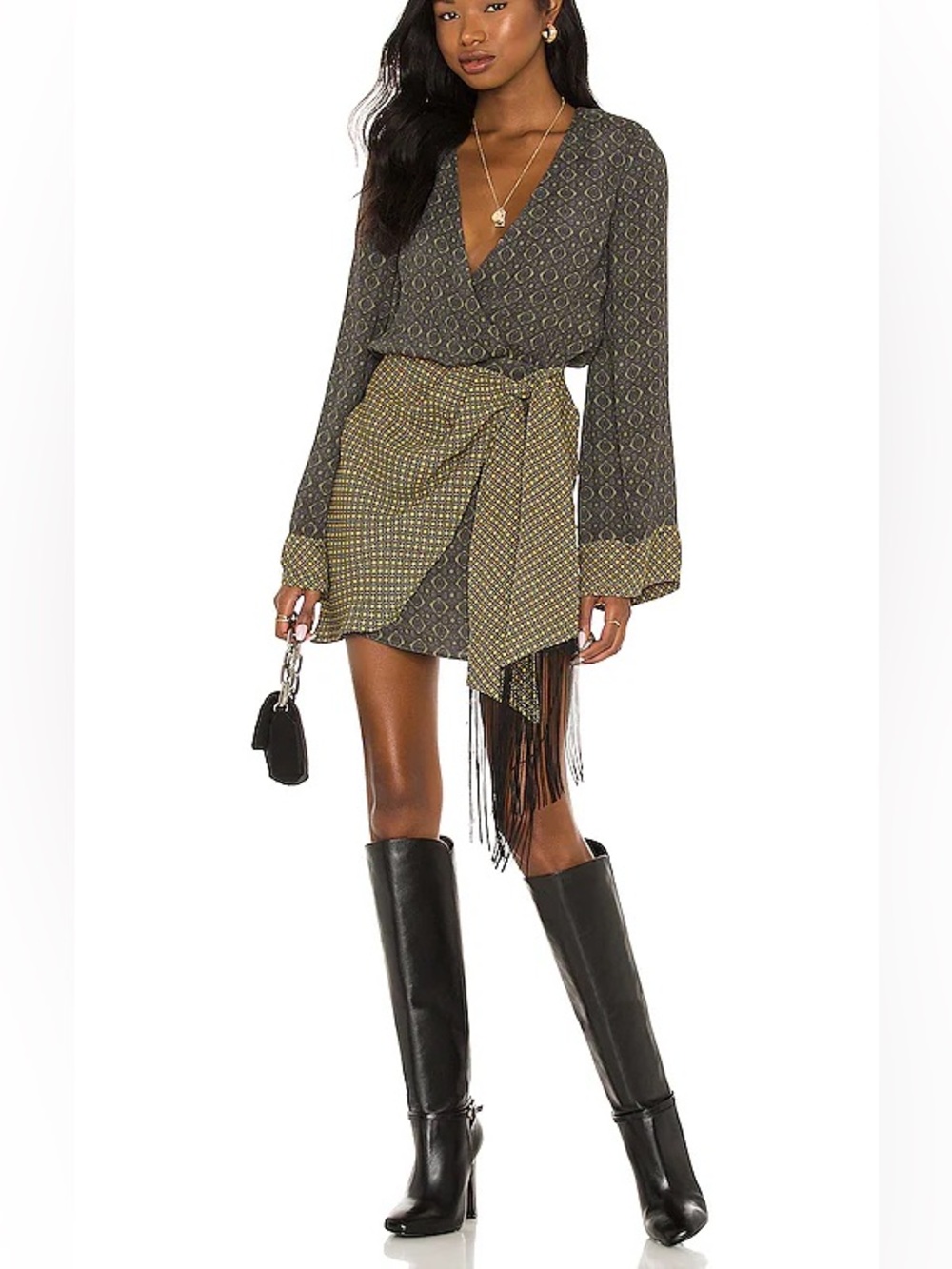 House of Harlow 1960 Giovanna Mini Dress Geo Multi Fringe Wrap NWT Size Small